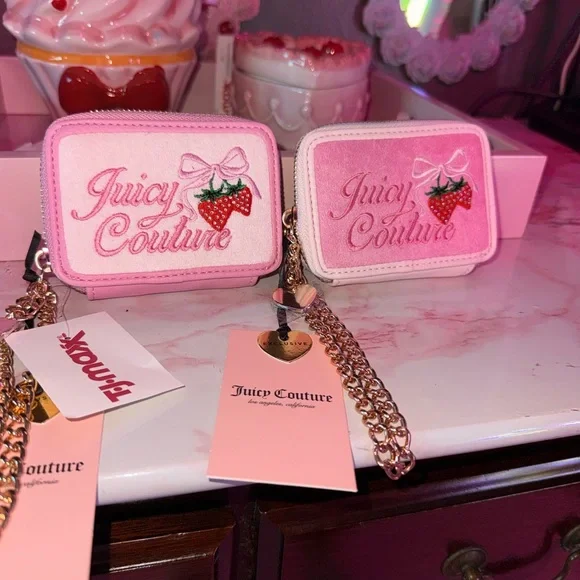 Juicy Couture (2) RETRO Strawberry Mini CC Zip Around Wallets with Gold Chain - Picture 5 of 9